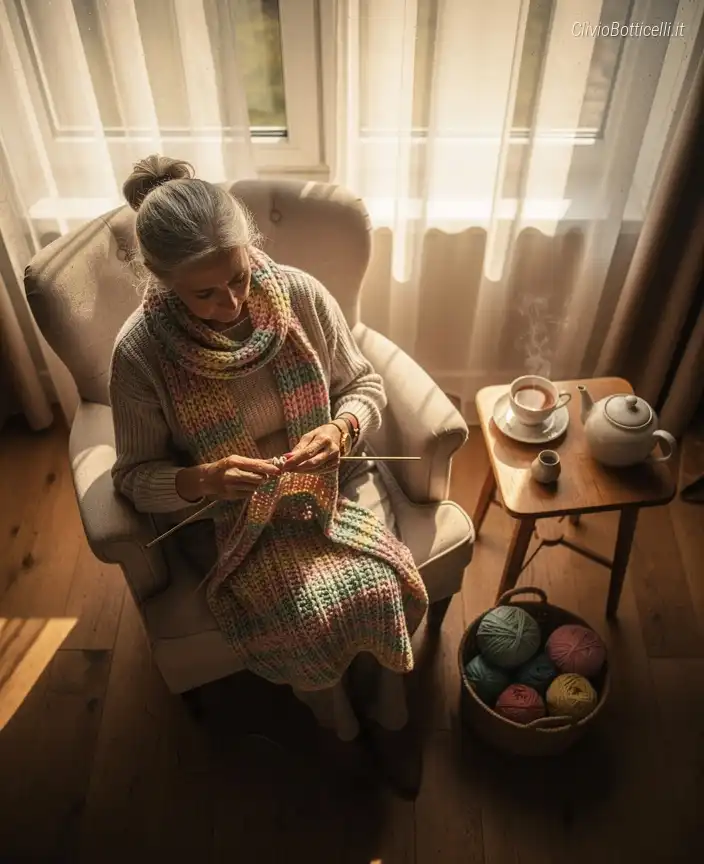 Senior woman knitting by ...